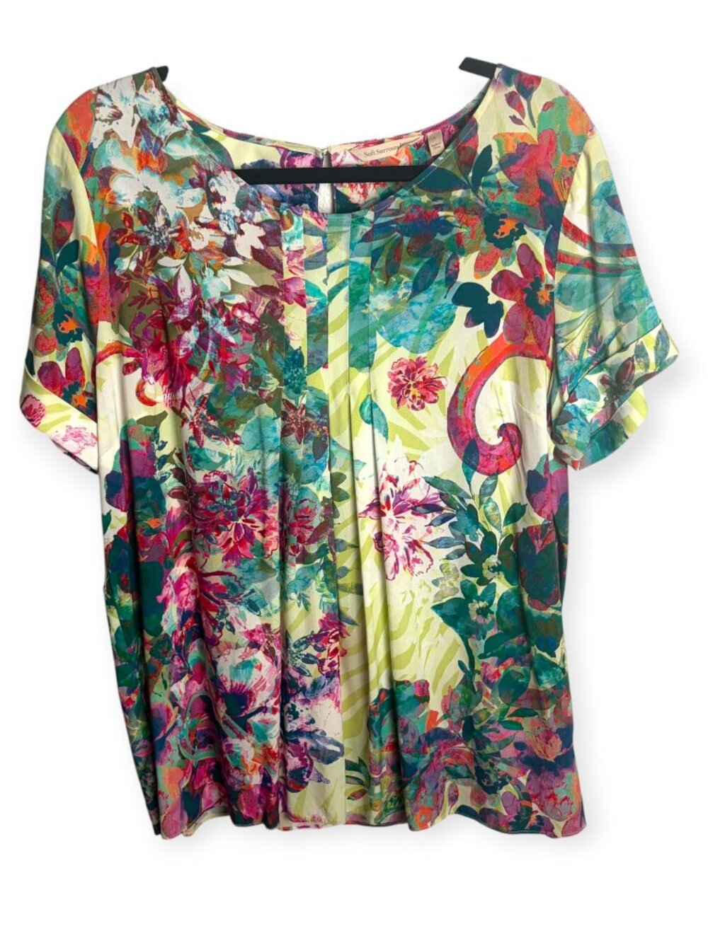 Soft Surroundings Size L Pleated Floral Blouse Top Short Sleeve Colorful Beachy